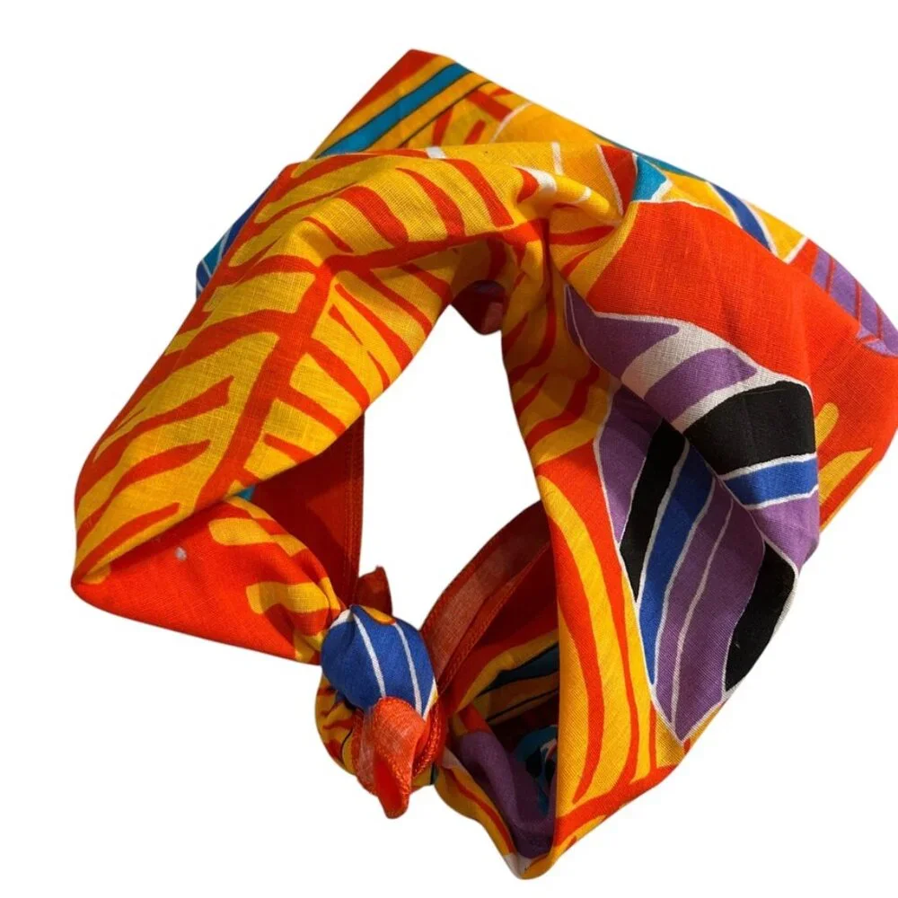 NEW cotton handkerchief tropical flowers orange red blue floral scarf